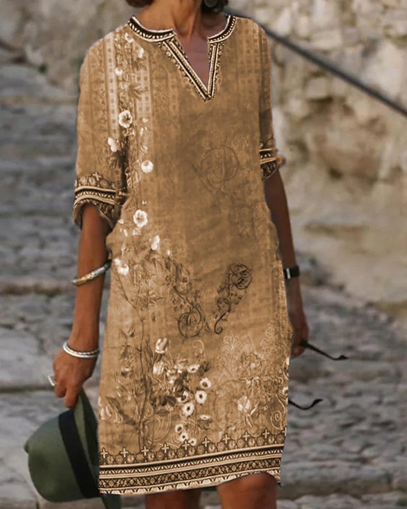 Ethnic Style Half Sleeve Loose Waist Dresses Ladies Vintage Print Daily Casual Short Dressy 2023 Summer Women's V Neck Clothing