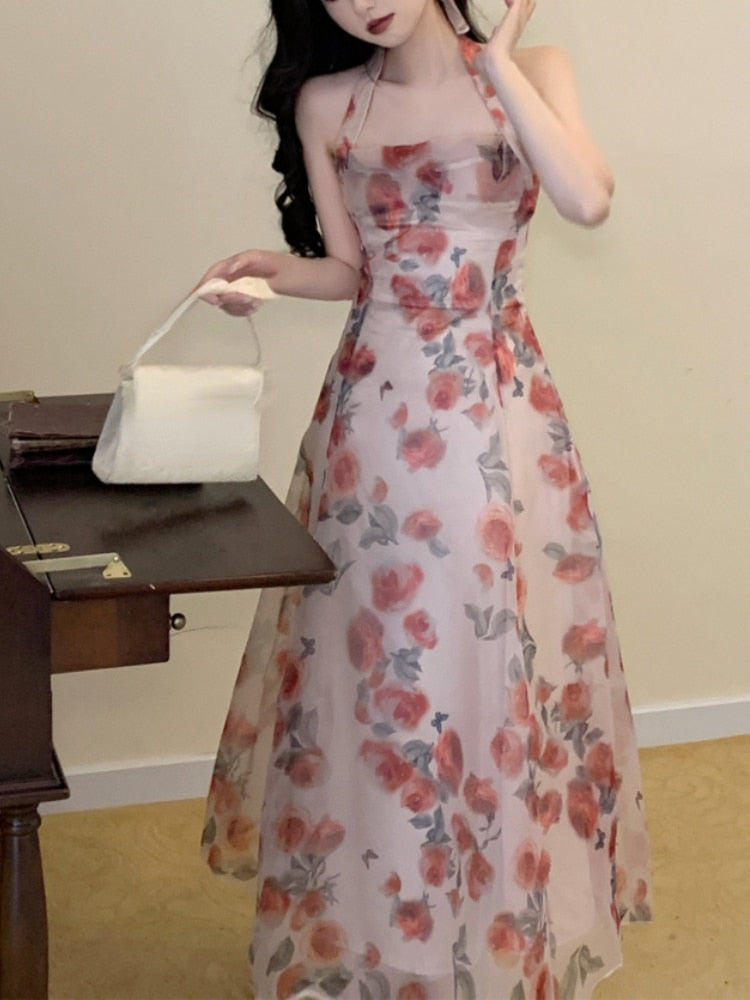 Fairy French Floral Midi Dress Women Chic and Elegant Slim Sleeveless Vintage Dress Boho Beach Sexy Dresses Korean Summer