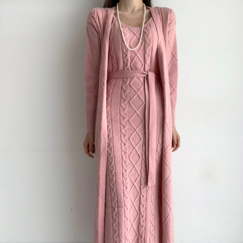 Elegant Thick Knitted 2 Piece Set Women Twist Long Cardigan Sweater Coat +Sleeveless Long Dress Suit Ensemble Femmea Fall Winter