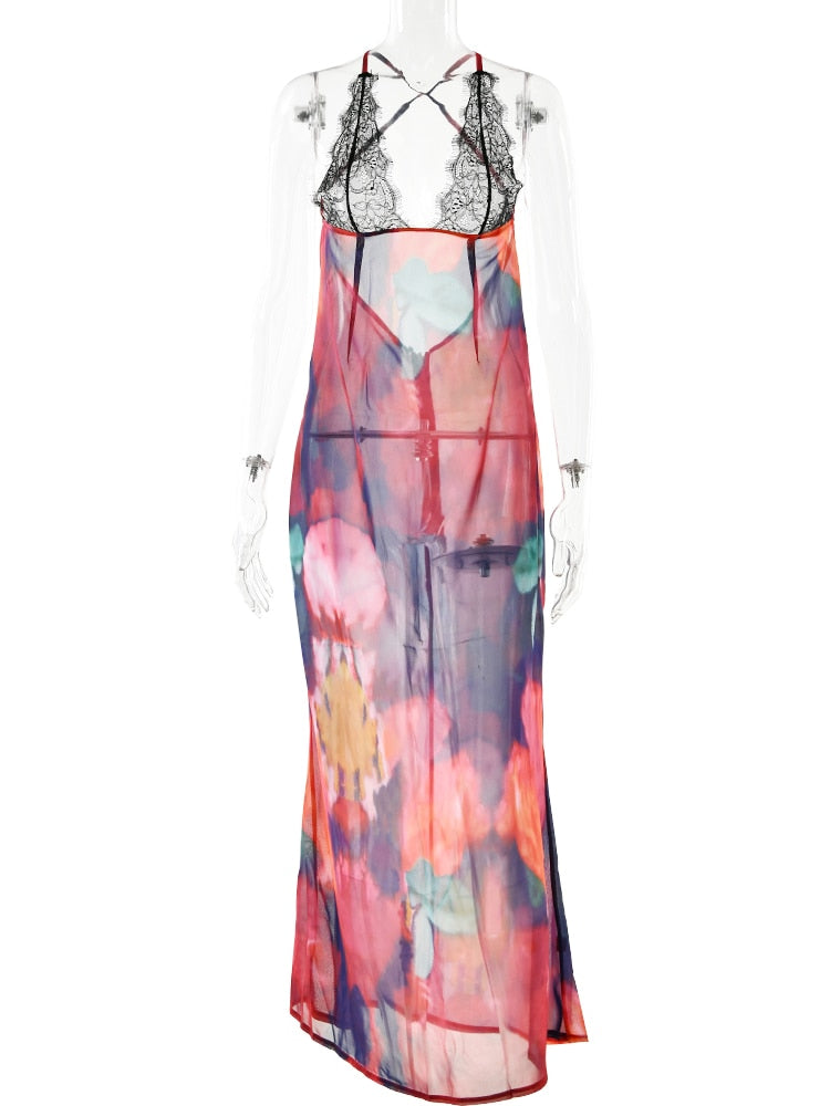Elegant Tie Dye Floral Chiffon Dress Summer Sexy Women Backless Lace Bodycon See Through 2023 Beach Party Vestidos