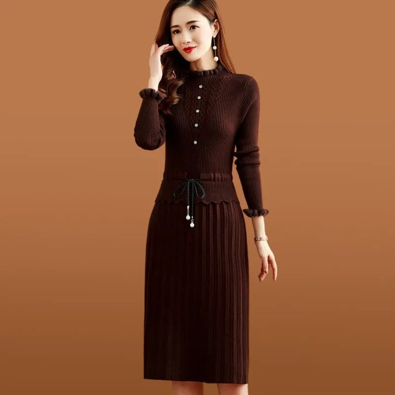 Fake Two Pieces Pleated Knitted Dress Women Vintage Ruffle Long Sleeve Bottoming Sweater Dresses Fall Casual Slim Midi Vestidos