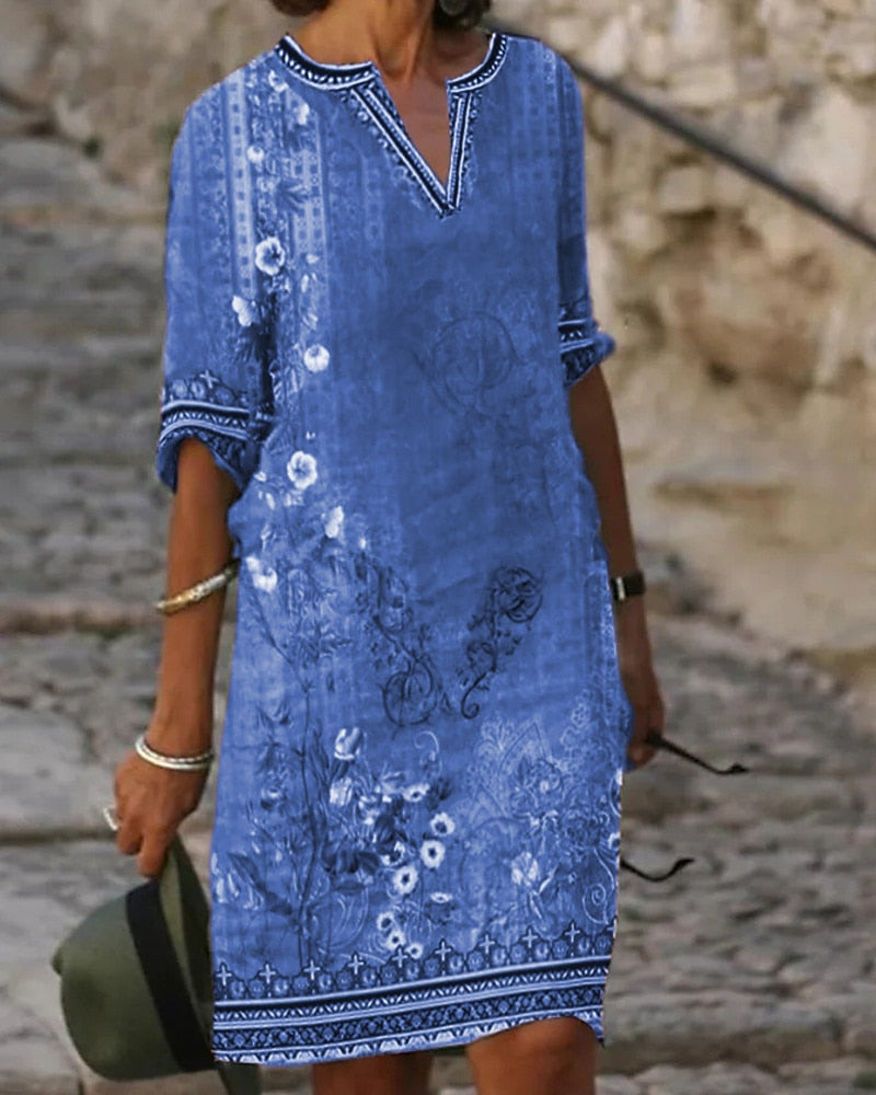 Ethnic Style Half Sleeve Loose Waist Dresses Ladies Vintage Print Daily Casual Short Dressy 2023 Summer Women's V Neck Clothing