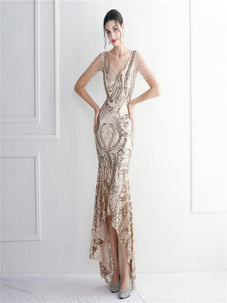 Elegant Women Beading Sleeve Long Prom Mermaid Dress Sexy Deep V Neck Sequin Evening Party Maxi Dress