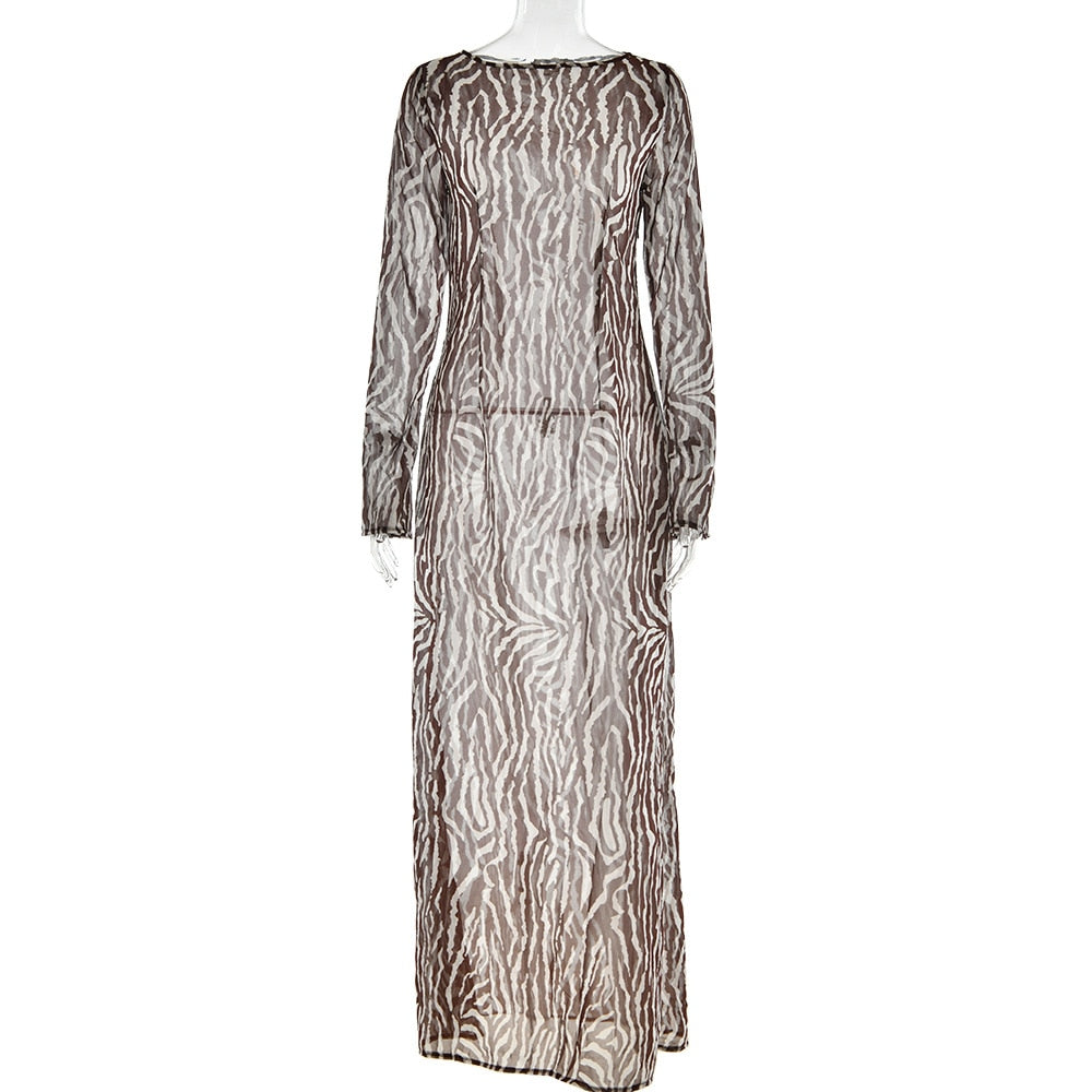 Elegant Zebra Print Maxi Dress for Women Outfits Sexy See Through Long Sleeve Bodycon Club Party Dress 2023 Spring Casual Dress