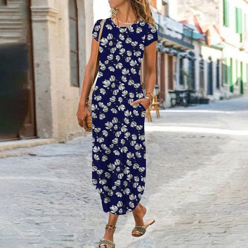 Elegant Women Maxi Dress 2023 Summer O Neck Short Sleeve Sundress Office Lady Party Dress Female Print A-Line Long Dress Vestido