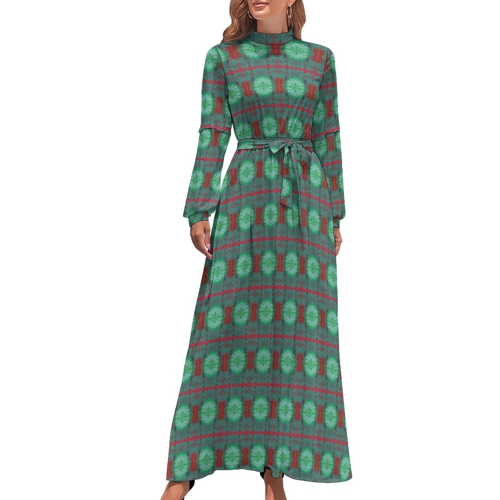 Ethnic Bohemia Dress Retro Floral Print Basic Beach Dresses Female Long Sleeve High Neck Elegant Long Maxi Dress