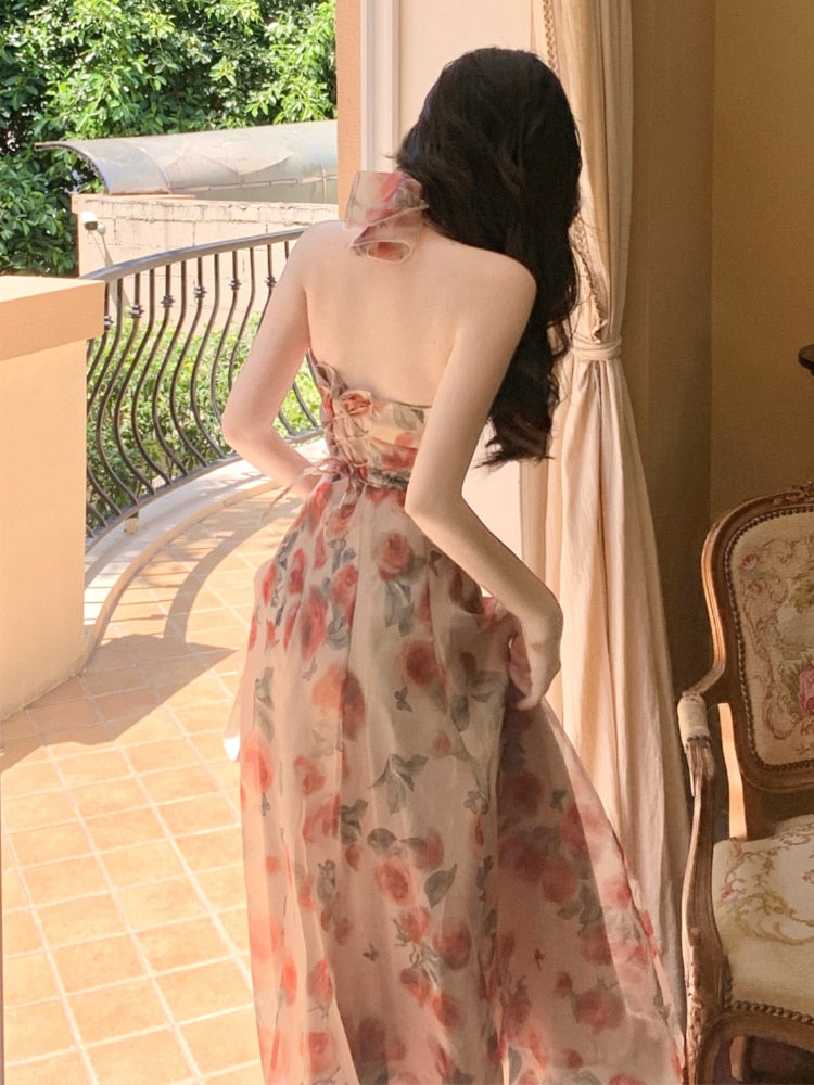 Fairy French Floral Midi Dress Women Chic and Elegant Slim Sleeveless Vintage Dress Boho Beach Sexy Dresses Korean Summer