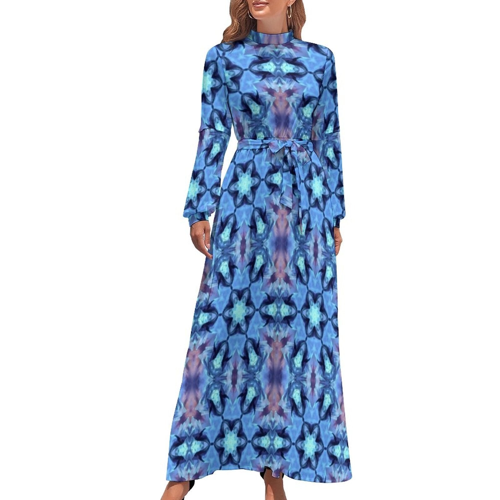 Ethnic Bohemia Dress Retro Floral Print Basic Beach Dresses Female Long Sleeve High Neck Elegant Long Maxi Dress