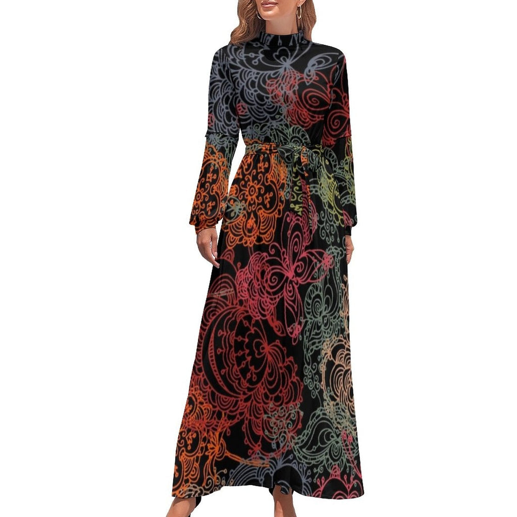 Ethnic Bohemia Dress Retro Floral Print Basic Beach Dresses Female Long Sleeve High Neck Elegant Long Maxi Dress