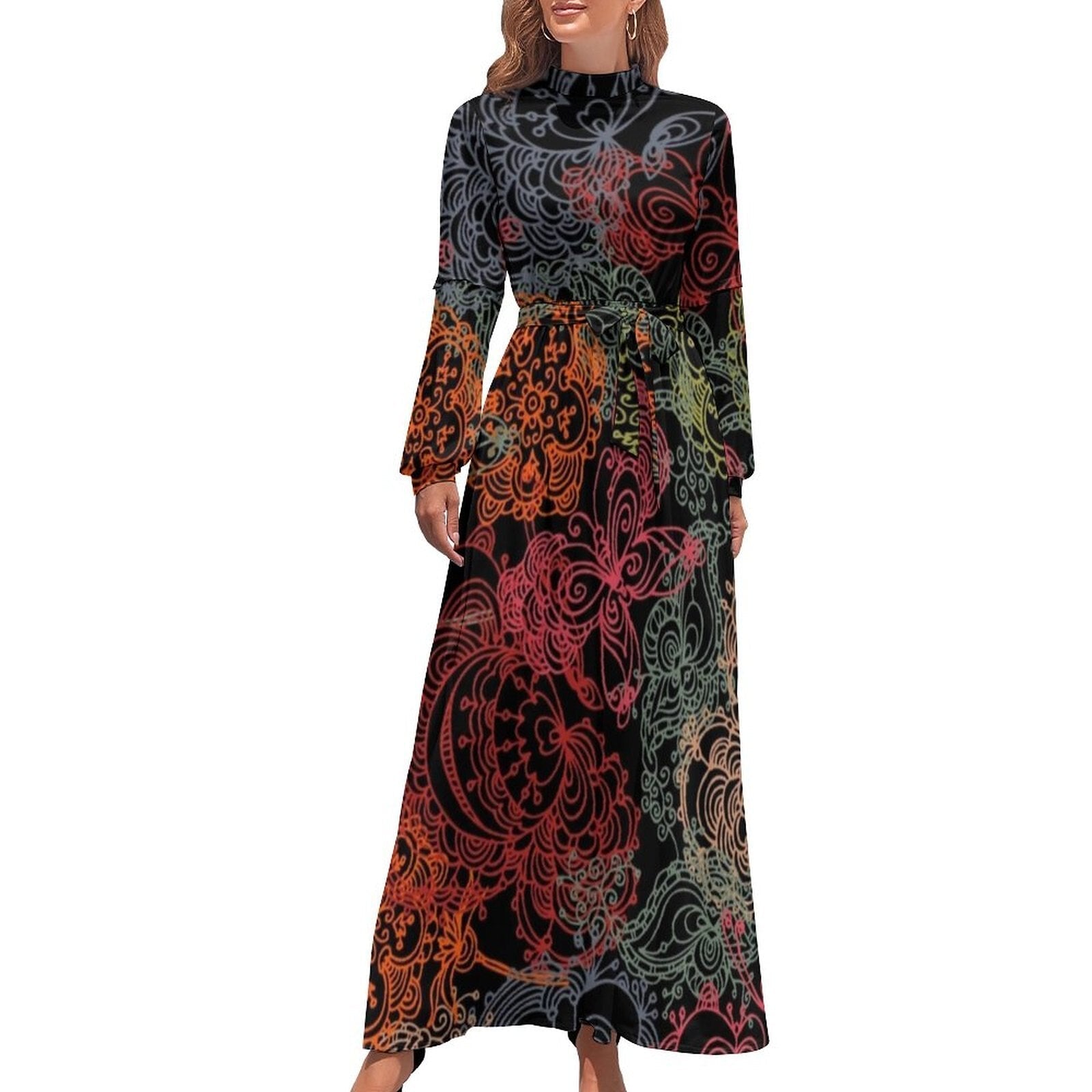 Ethnic Bohemia Dress Retro Floral Print Basic Beach Dresses Female Long Sleeve High Neck Elegant Long Maxi Dress
