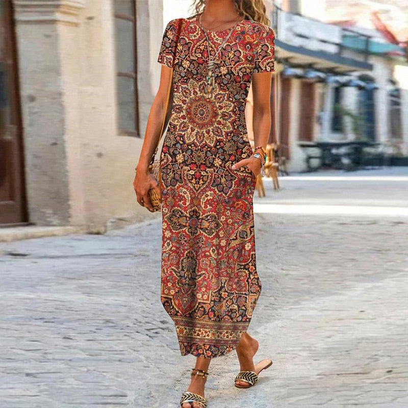 Elegant Women Maxi Dress 2023 Summer O Neck Short Sleeve Sundress Office Lady Party Dress Female Print A-Line Long Dress Vestido