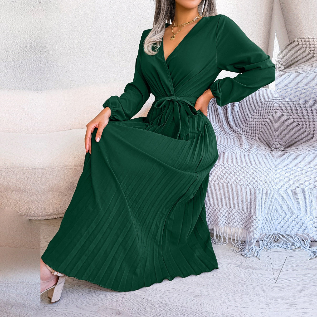 F 2023 New Women Spring Summer Temperament Cross Solid Color V Neck Large Hem Pleated Long Dress For Fashion