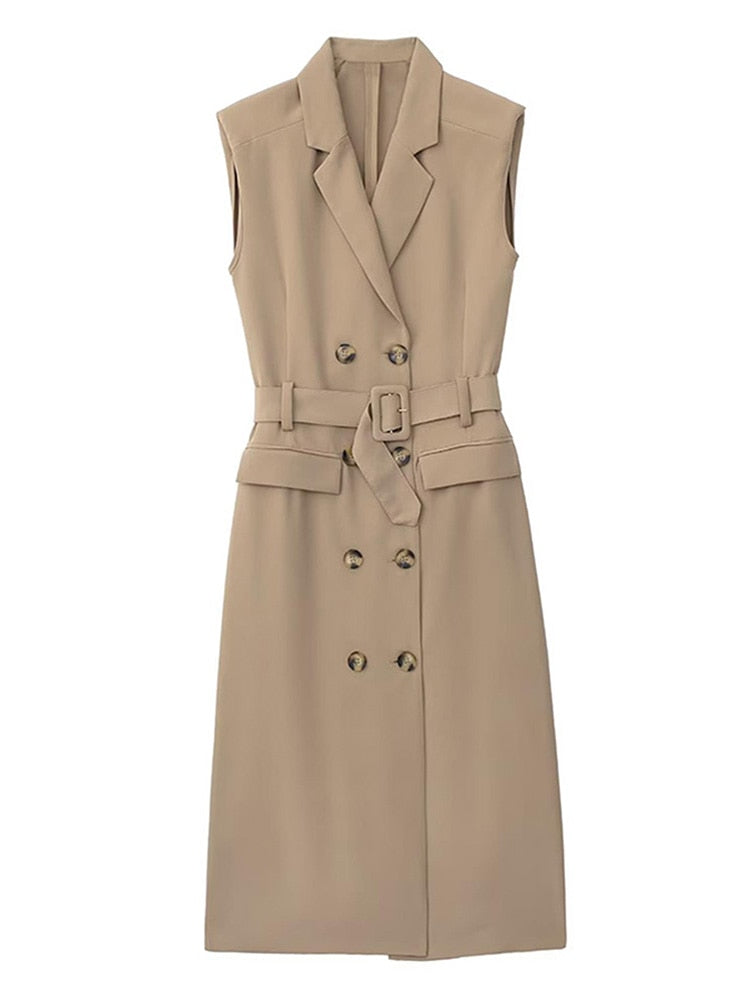 Elegant Women Blazer Dresses With Belt Autumn Solid Notched Office Lady Dresses Sleeveless Double Breasted Vestidos
