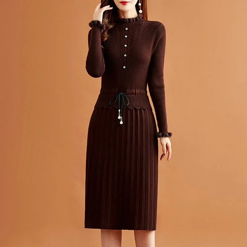 Fake Two Pieces Pleated Knitted Dress Women Vintage Ruffle Long Sleeve Bottoming Sweater Dresses Fall Casual Slim Midi Vestidos