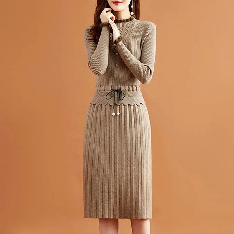 Fake Two Pieces Pleated Knitted Dress Women Vintage Ruffle Long Sleeve Bottoming Sweater Dresses Fall Casual Slim Midi Vestidos