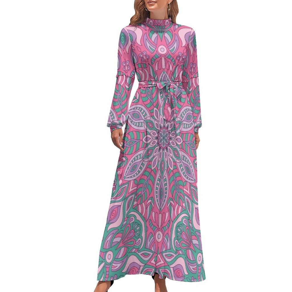 Ethnic Bohemia Dress Retro Floral Print Basic Beach Dresses Female Long Sleeve High Neck Elegant Long Maxi Dress
