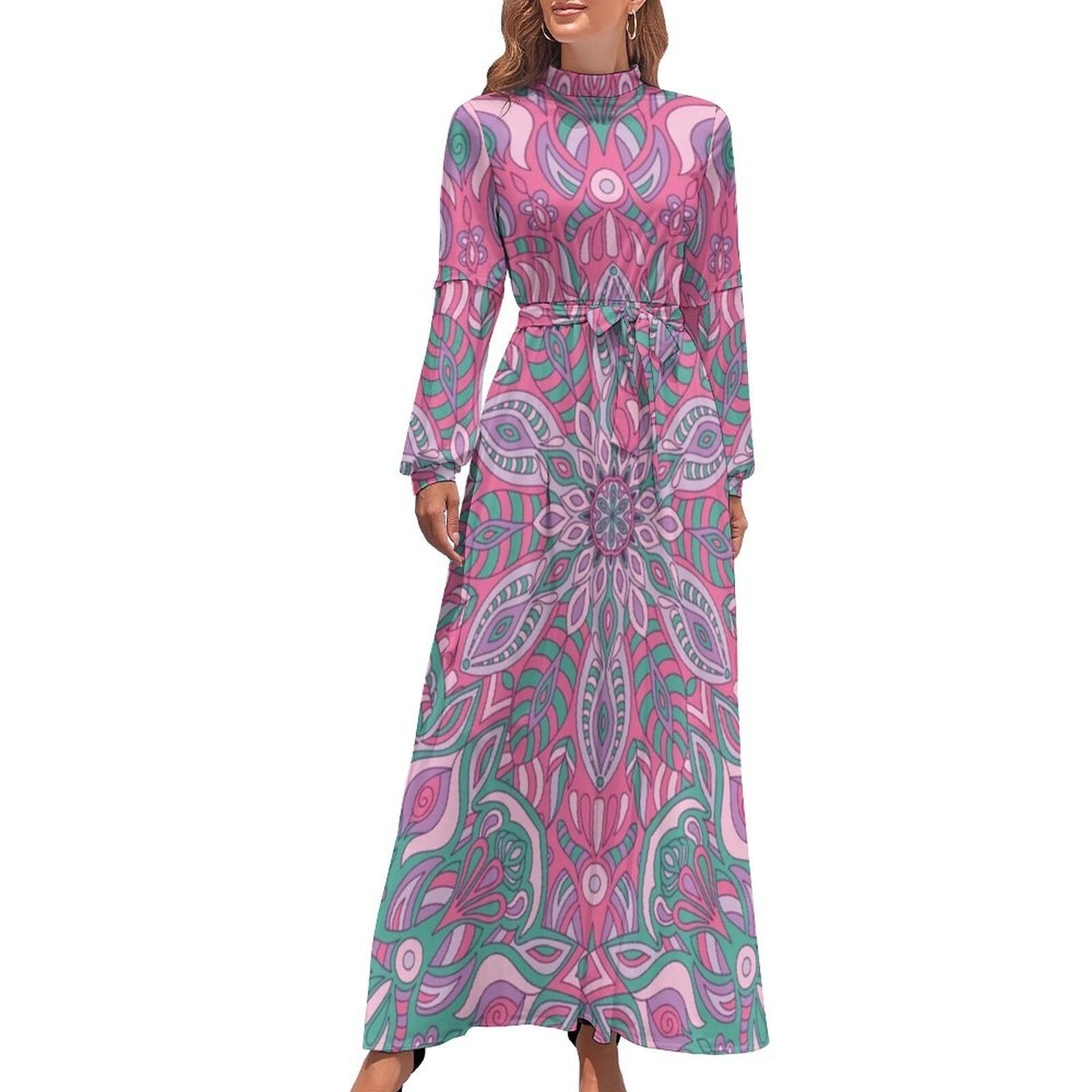 Ethnic Bohemia Dress Retro Floral Print Basic Beach Dresses Female Long Sleeve High Neck Elegant Long Maxi Dress