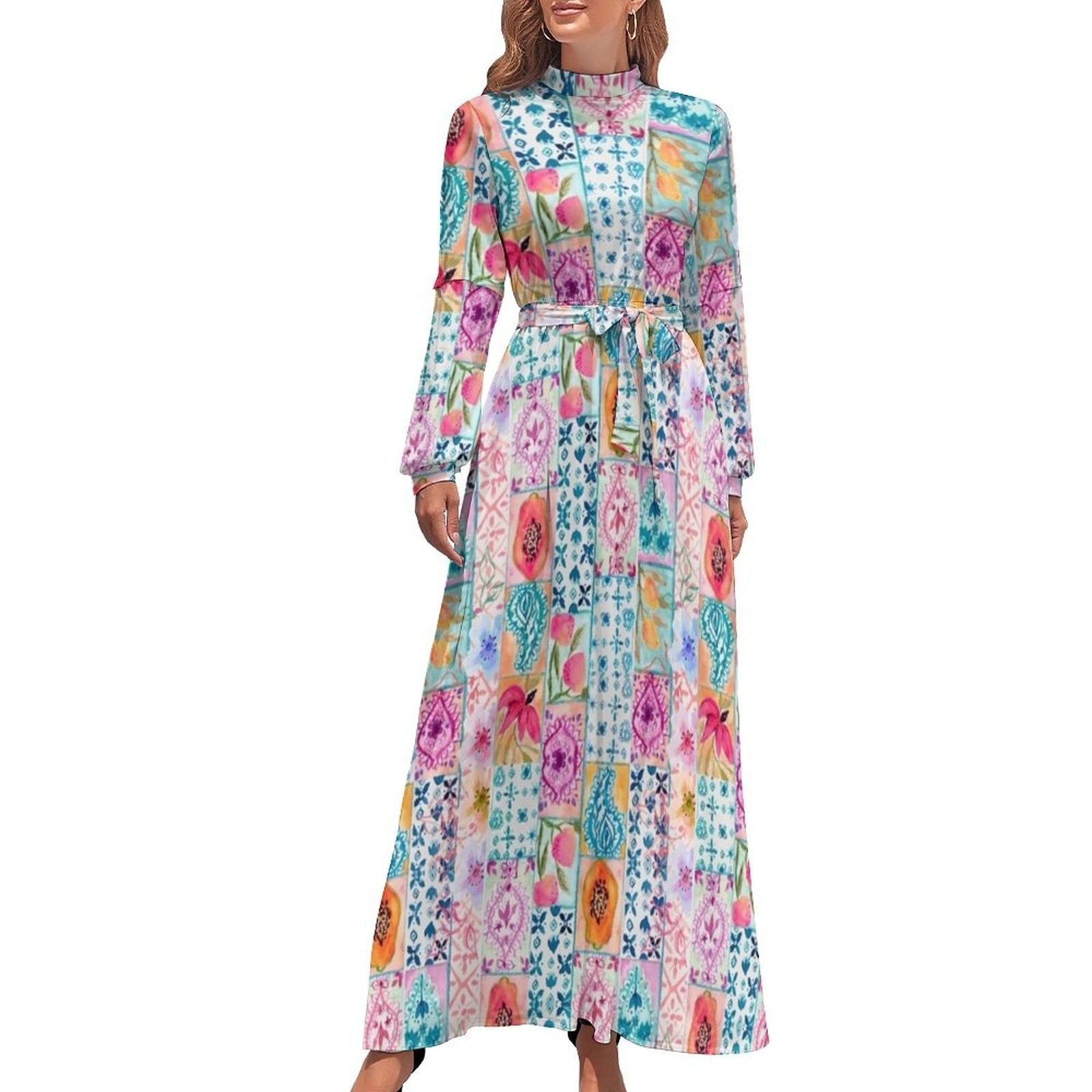 Ethnic Bohemia Dress Retro Floral Print Basic Beach Dresses Female Long Sleeve High Neck Elegant Long Maxi Dress