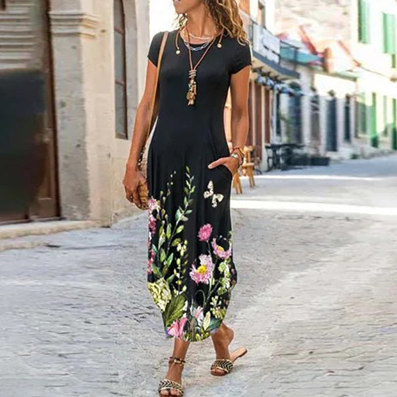 Elegant Women Maxi Dress 2023 Summer O Neck Short Sleeve Sundress Office Lady Party Dress Female Print A-Line Long Dress Vestido