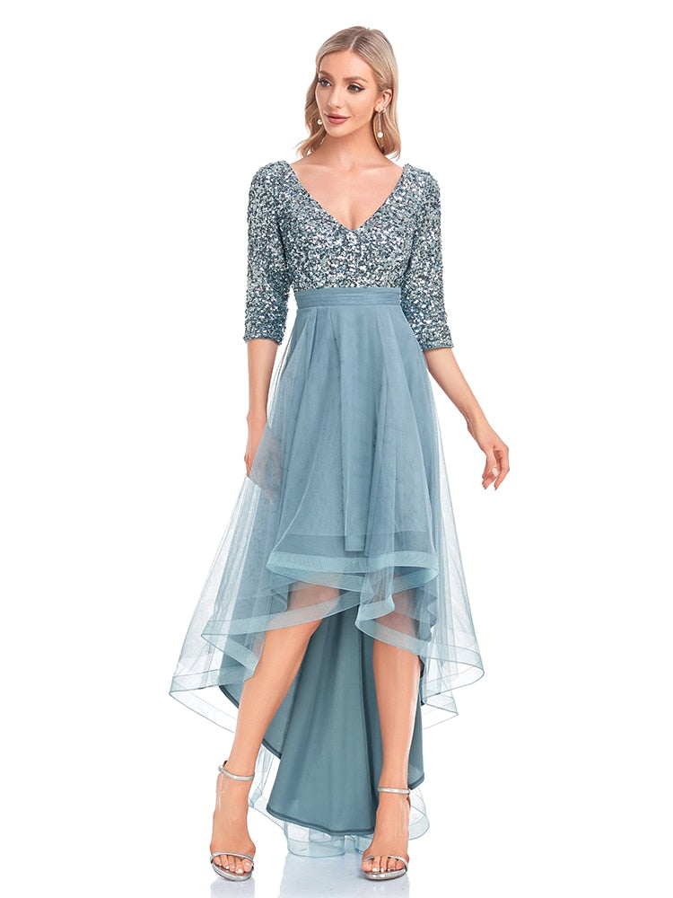 Elegant V-Neck Half Sleeve Sequin Evening Dress Prom Wedding Party Cocktail Dresses Robe Vestidos De Fiesta For Women