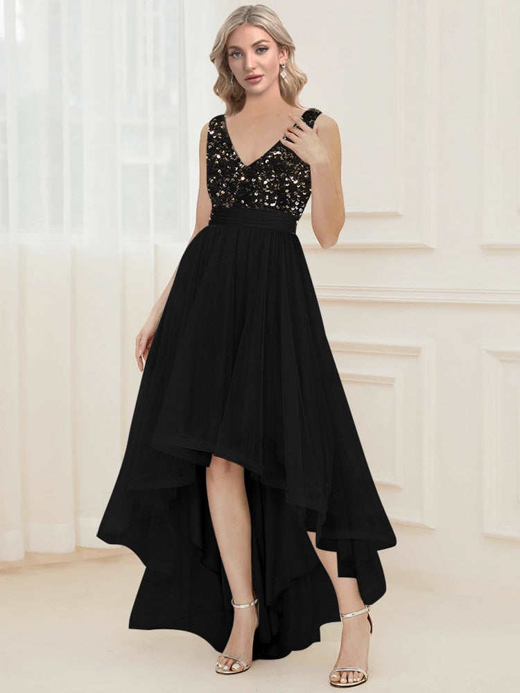 Elegant V-Neck Sleeveless Sequin Floor Length Evening Dress Red Prom Party Luxury Cocktail Dress Robe For Women