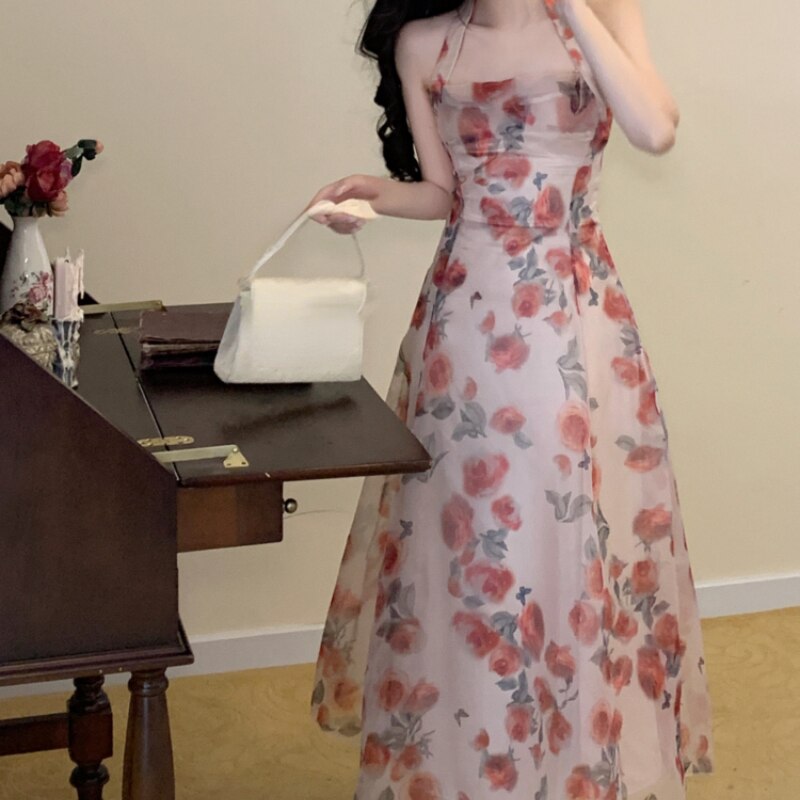 Fairy French Floral Midi Dress Women Chic and Elegant Slim Sleeveless Vintage Dress Boho Beach Sexy Dresses Korean Summer