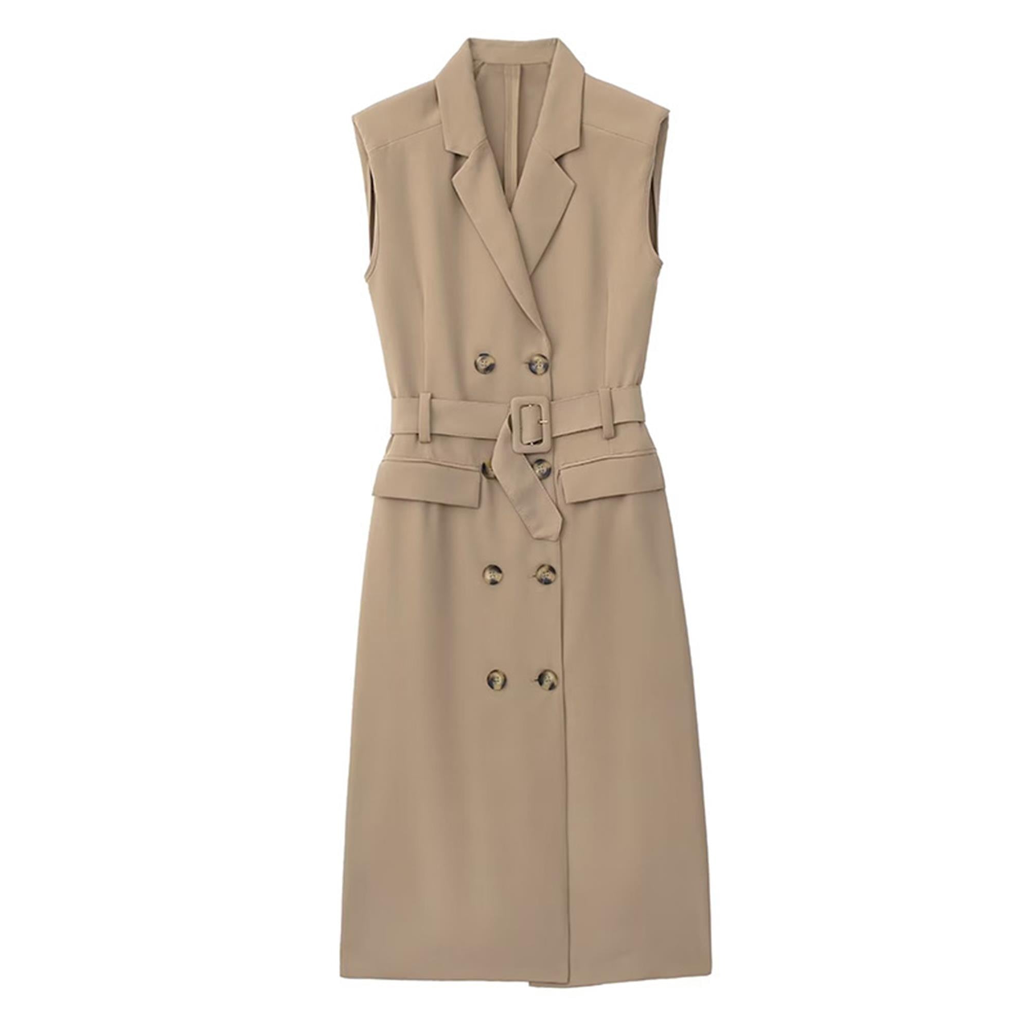 Elegant Women Blazer Dresses With Belt Autumn Solid Notched Office Lady Dresses Sleeveless Double Breasted Vestidos