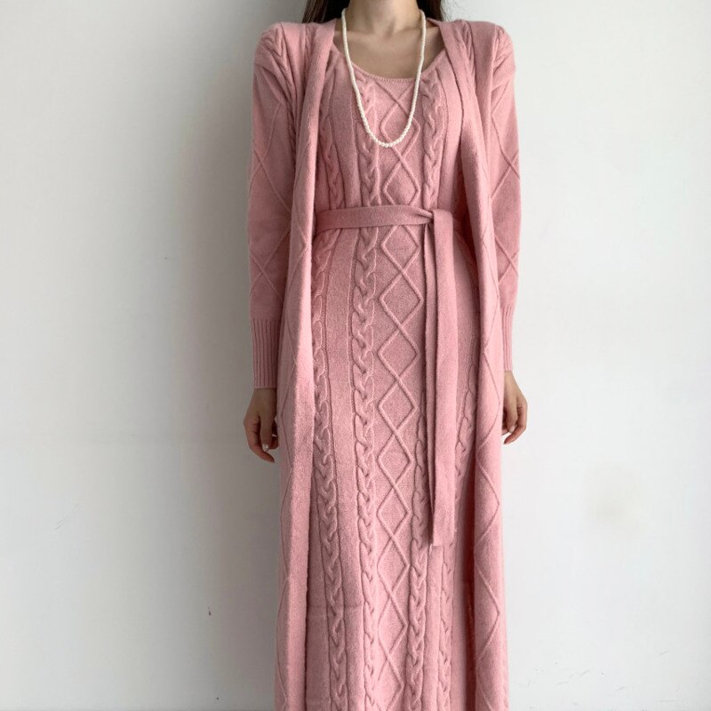 Elegant Thick Knitted 2 Piece Set Women Twist Long Cardigan Sweater Coat +Sleeveless Long Dress Suit Ensemble Femmea Fall Winter