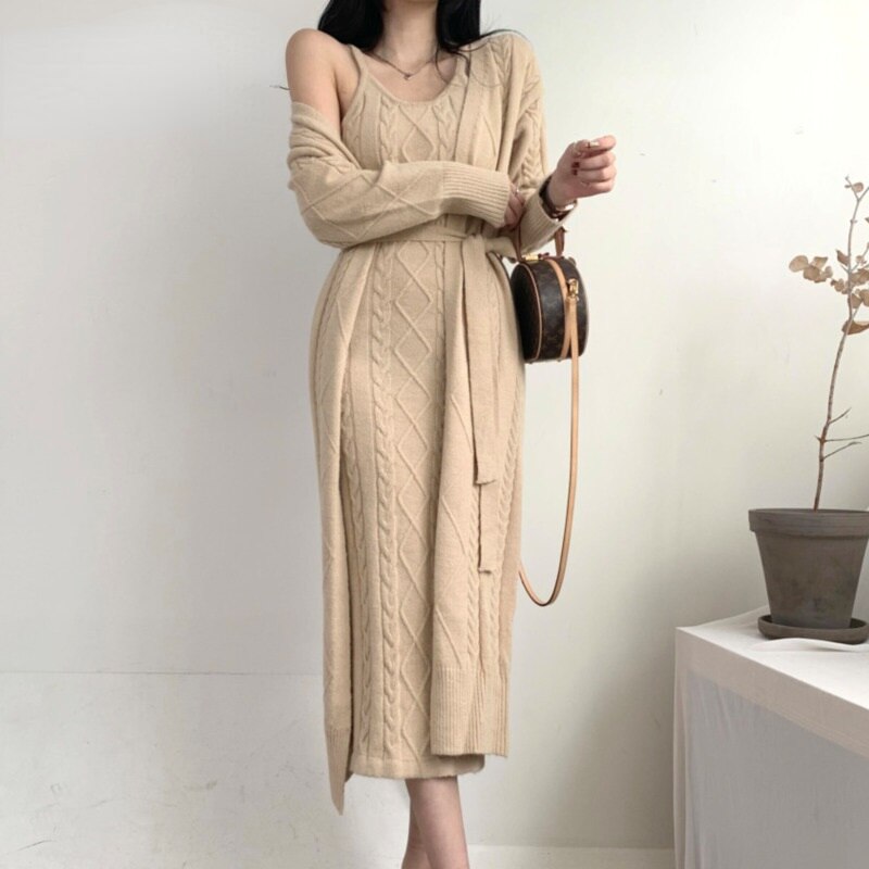 Elegant Thick Knitted 2 Piece Set Women Twist Long Cardigan Sweater Coat +Sleeveless Long Dress Suit Ensemble Femmea Fall Winter