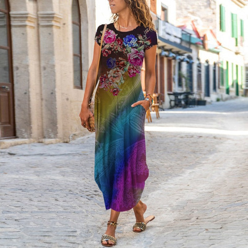 Elegant Women Maxi Dress 2023 Summer O Neck Short Sleeve Sundress Office Lady Party Dress Female Print A-Line Long Dress Vestido