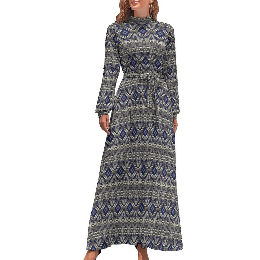 Ethnic Bohemia Dress Retro Floral Print Basic Beach Dresses Female Long Sleeve High Neck Elegant Long Maxi Dress