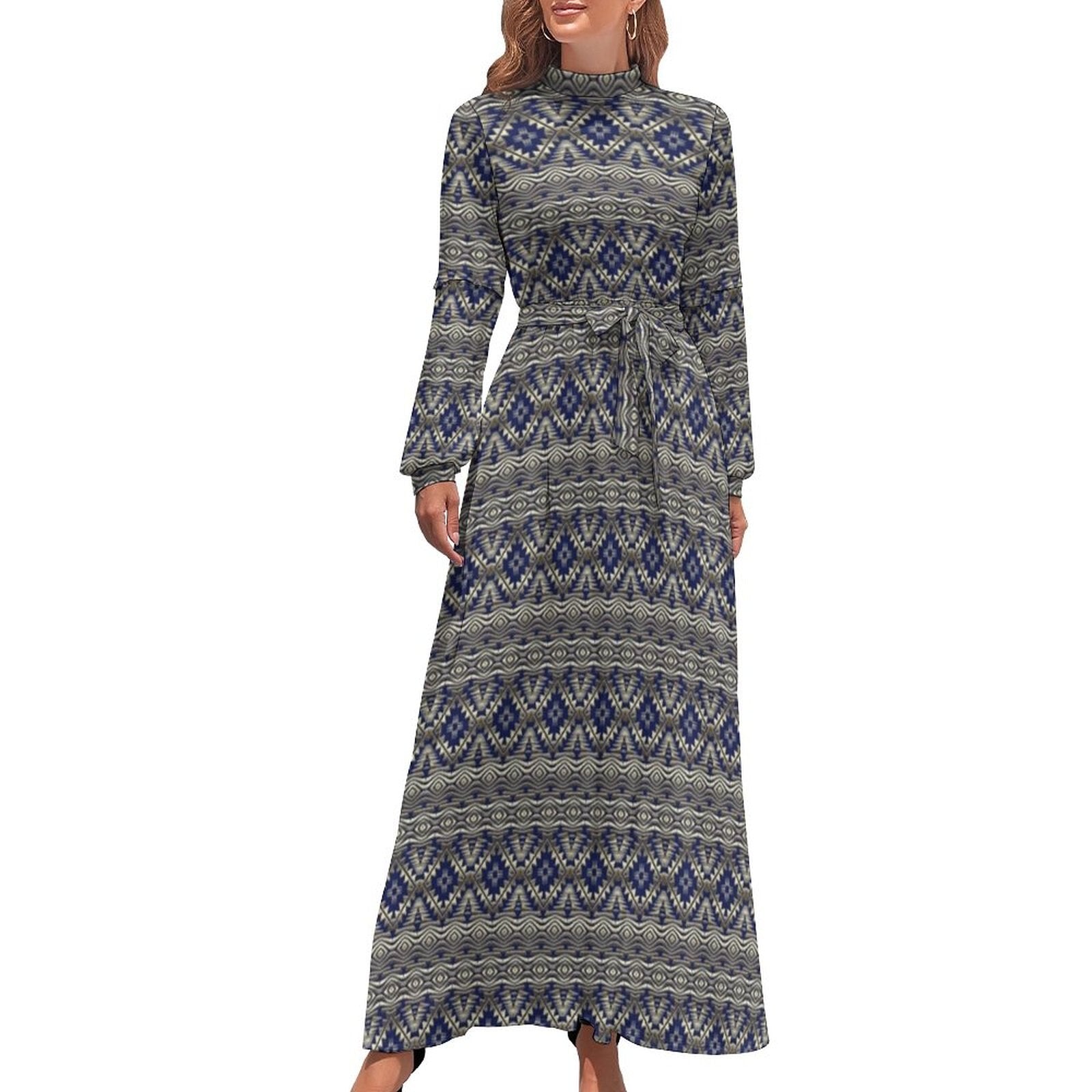 Ethnic Bohemia Dress Retro Floral Print Basic Beach Dresses Female Long Sleeve High Neck Elegant Long Maxi Dress