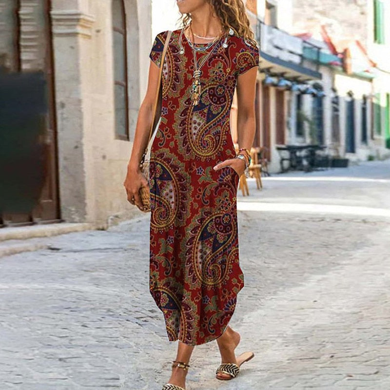 Elegant Women Maxi Dress 2023 Summer O Neck Short Sleeve Sundress Office Lady Party Dress Female Print A-Line Long Dress Vestido