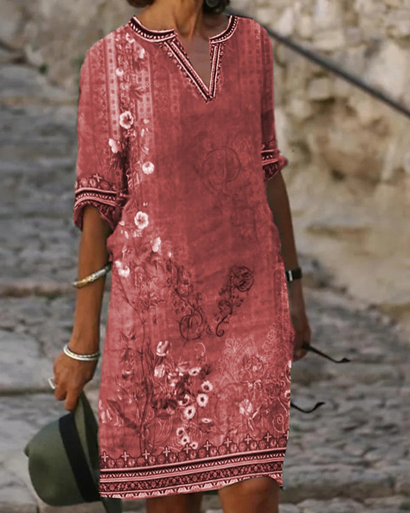 Ethnic Style Half Sleeve Loose Waist Dresses Ladies Vintage Print Daily Casual Short Dressy 2023 Summer Women's V Neck Clothing