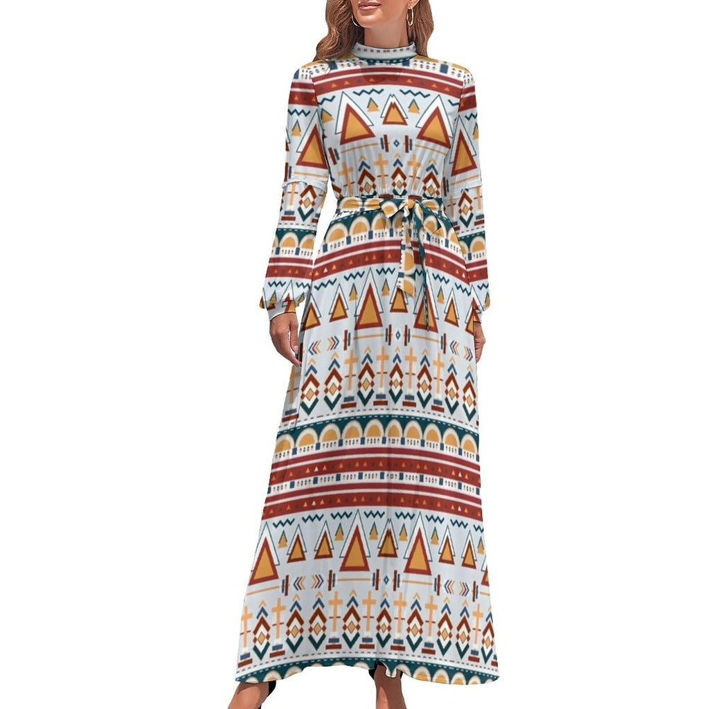 Ethnic Bohemia Dress Retro Floral Print Basic Beach Dresses Female Long Sleeve High Neck Elegant Long Maxi Dress