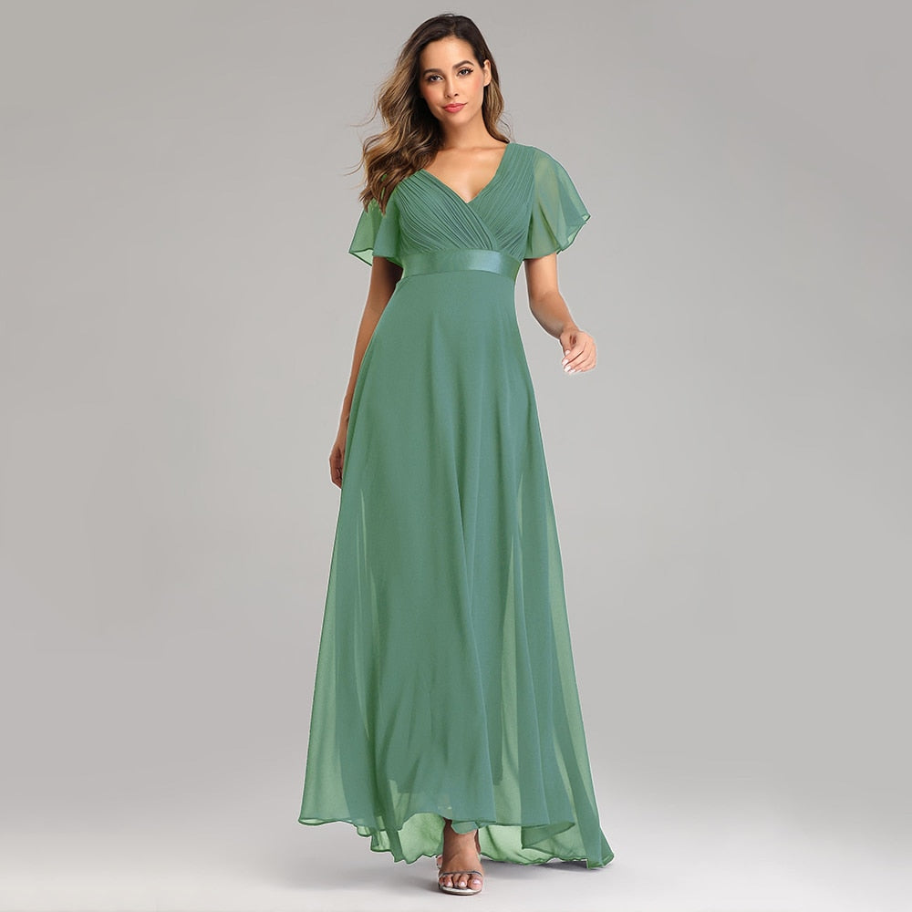 Evening Dresses Elegant V-Neck Ruffles Chiffon Formal Evening Gown  Robe Vestidos De fiesta Dress for Wedding Party