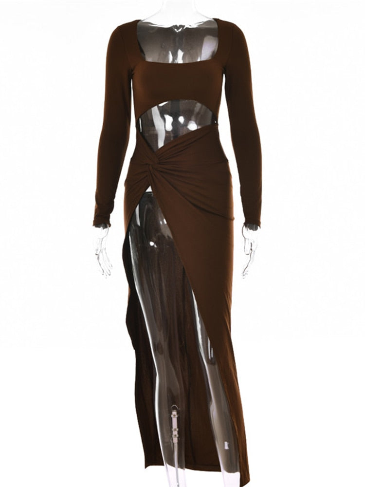 Fall Party Dresses For Women Sexy Hollow Out High Split Maxi Dress For Women Robe Autumn Full Sleeve Ruched Club Party Long Dress Vestido