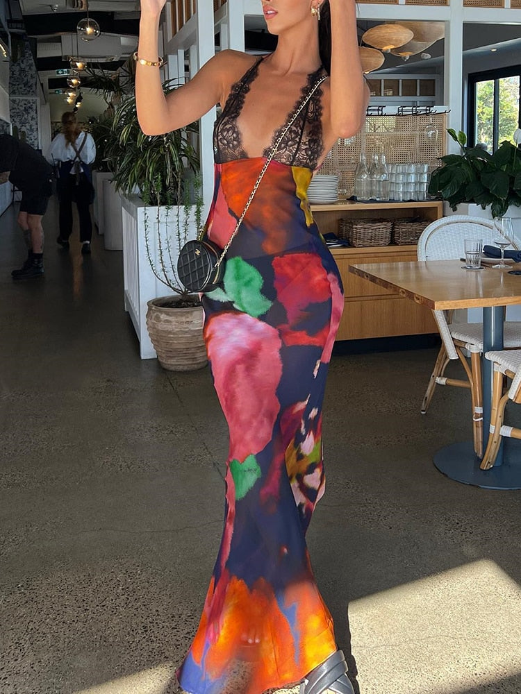 Elegant Tie Dye Floral Chiffon Dress Summer Sexy Women Backless Lace Bodycon See Through 2023 Beach Party Vestidos