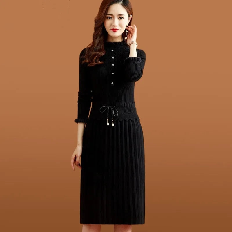 Fake Two Pieces Pleated Knitted Dress Women Vintage Ruffle Long Sleeve Bottoming Sweater Dresses Fall Casual Slim Midi Vestidos
