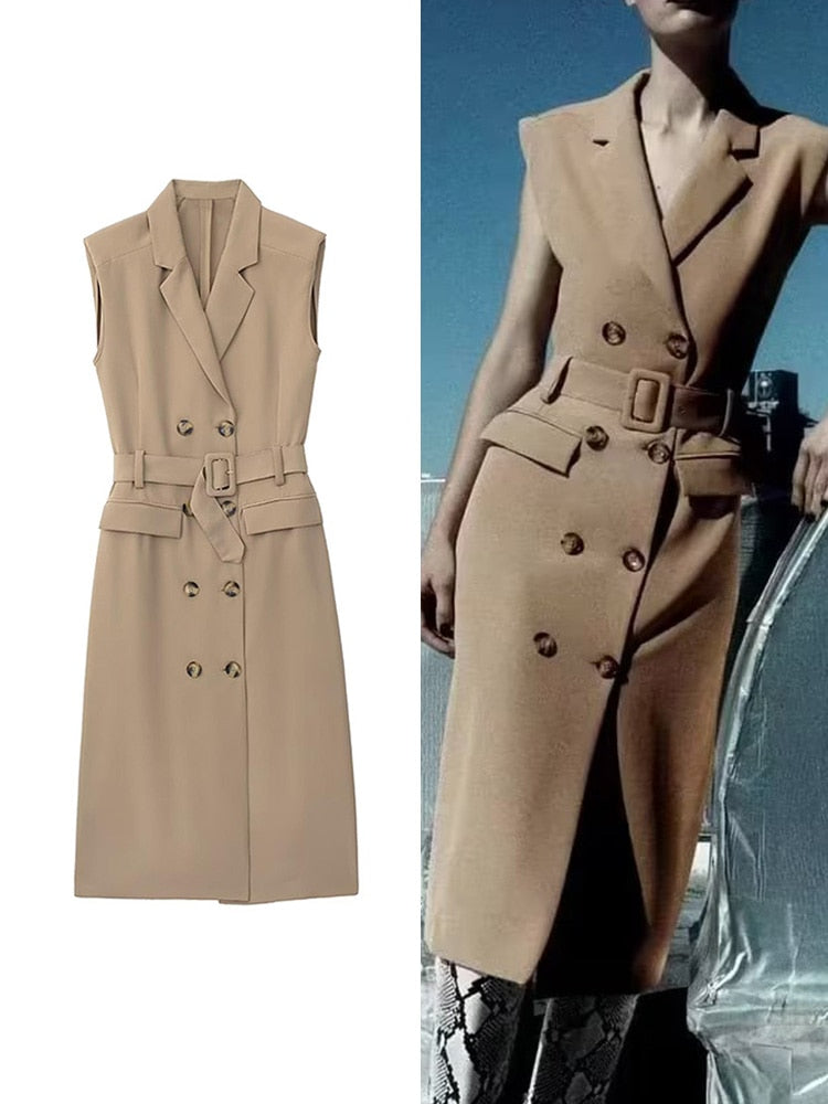 Elegant Women Blazer Dresses With Belt Autumn Solid Notched Office Lady Dresses Sleeveless Double Breasted Vestidos