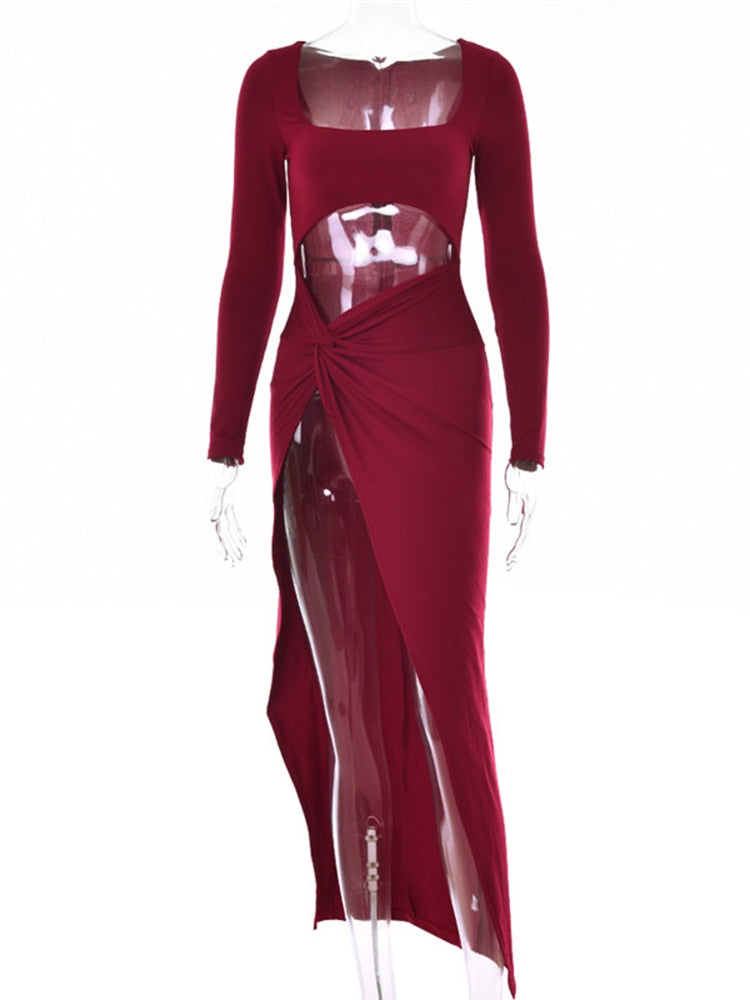 Fall Party Dresses For Women Sexy Hollow Out High Split Maxi Dress For Women Robe Autumn Full Sleeve Ruched Club Party Long Dress Vestido