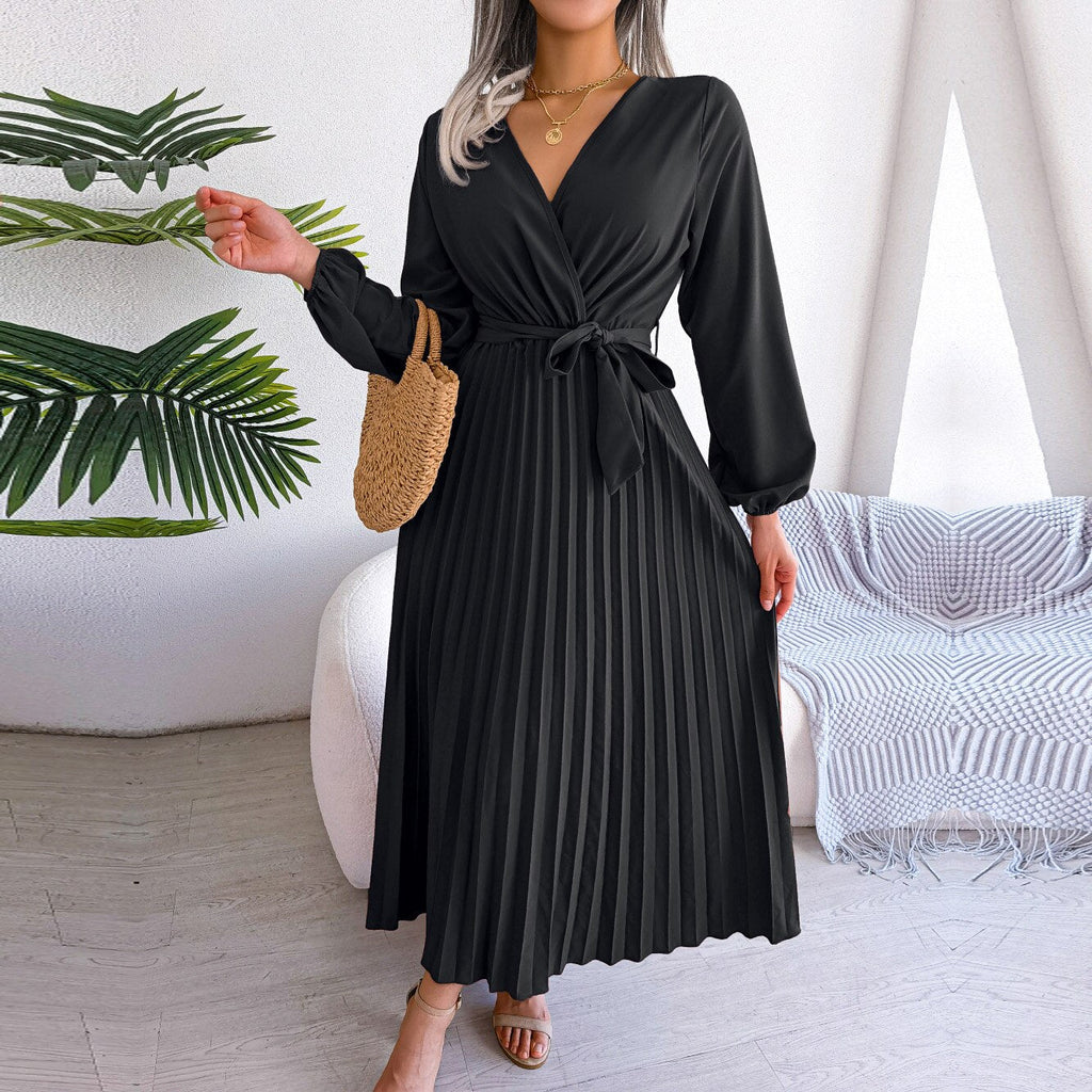 F 2023 New Women Spring Summer Temperament Cross Solid Color V Neck Large Hem Pleated Long Dress For Fashion