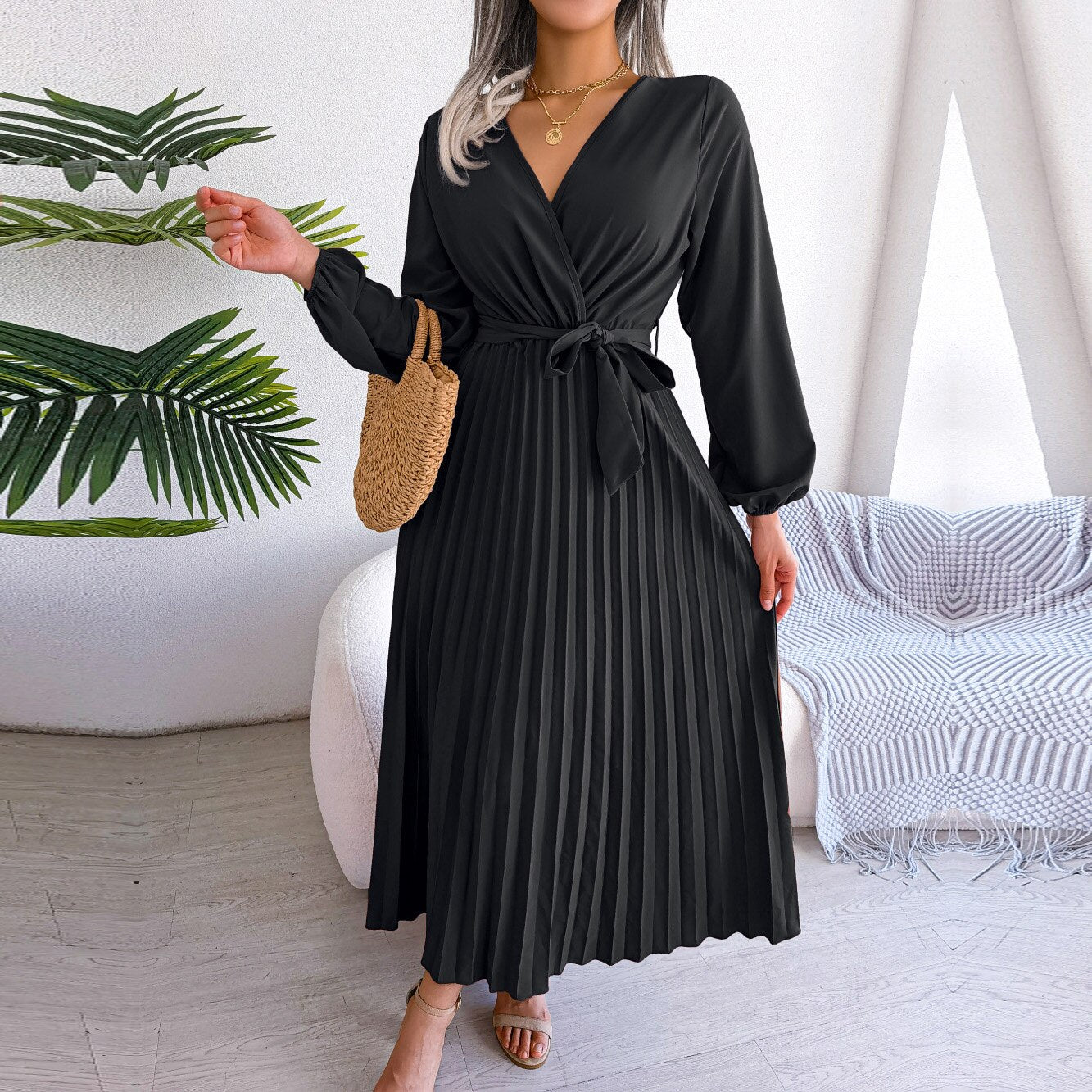 F 2023 New Women Spring Summer Temperament Cross Solid Color V Neck Large Hem Pleated Long Dress For Fashion