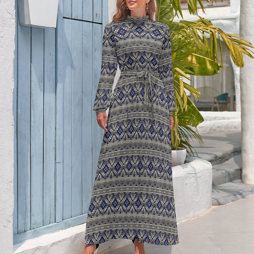Ethnic Bohemia Dress Retro Floral Print Basic Beach Dresses Female Long Sleeve High Neck Elegant Long Maxi Dress