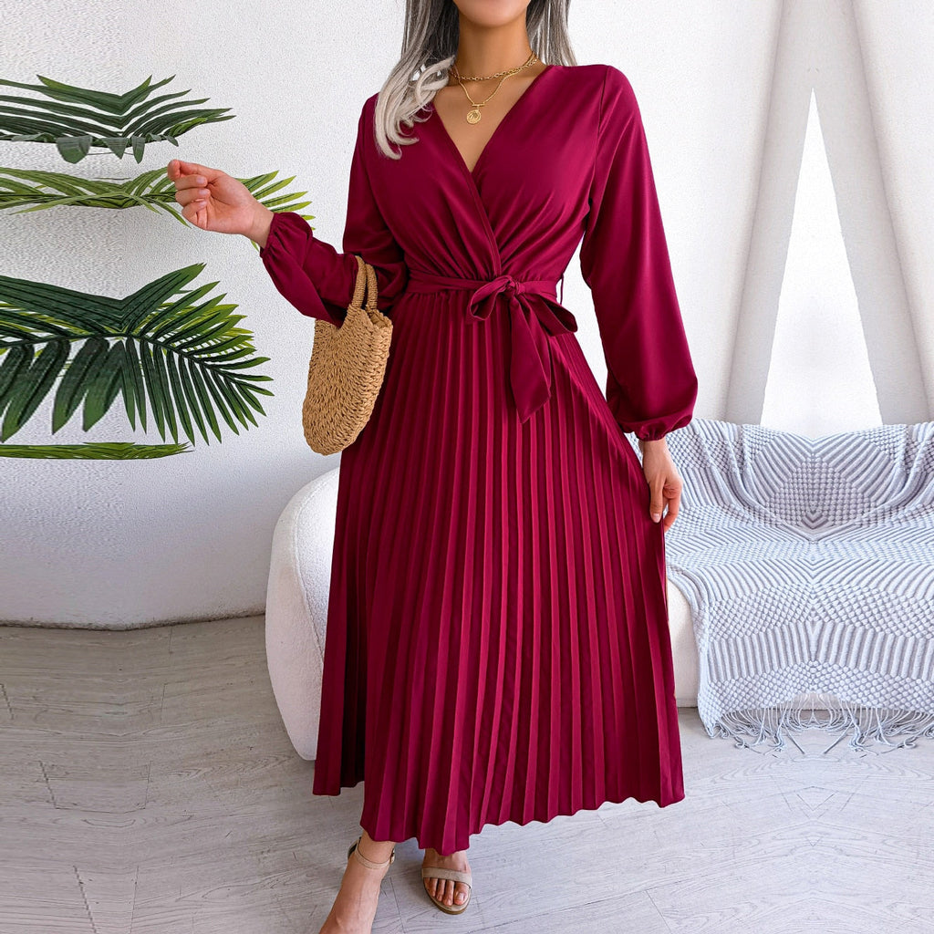 F 2023 New Women Spring Summer Temperament Cross Solid Color V Neck Large Hem Pleated Long Dress For Fashion