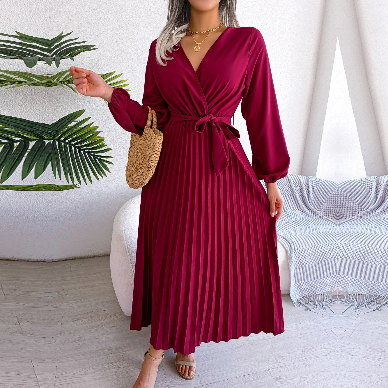 F 2023 New Women Spring Summer Temperament Cross Solid Color V Neck Large Hem Pleated Long Dress For Fashion