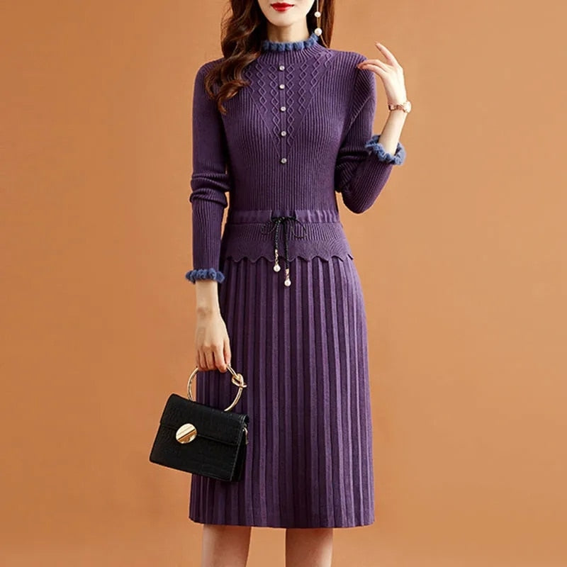 Fake Two Pieces Pleated Knitted Dress Women Vintage Ruffle Long Sleeve Bottoming Sweater Dresses Fall Casual Slim Midi Vestidos