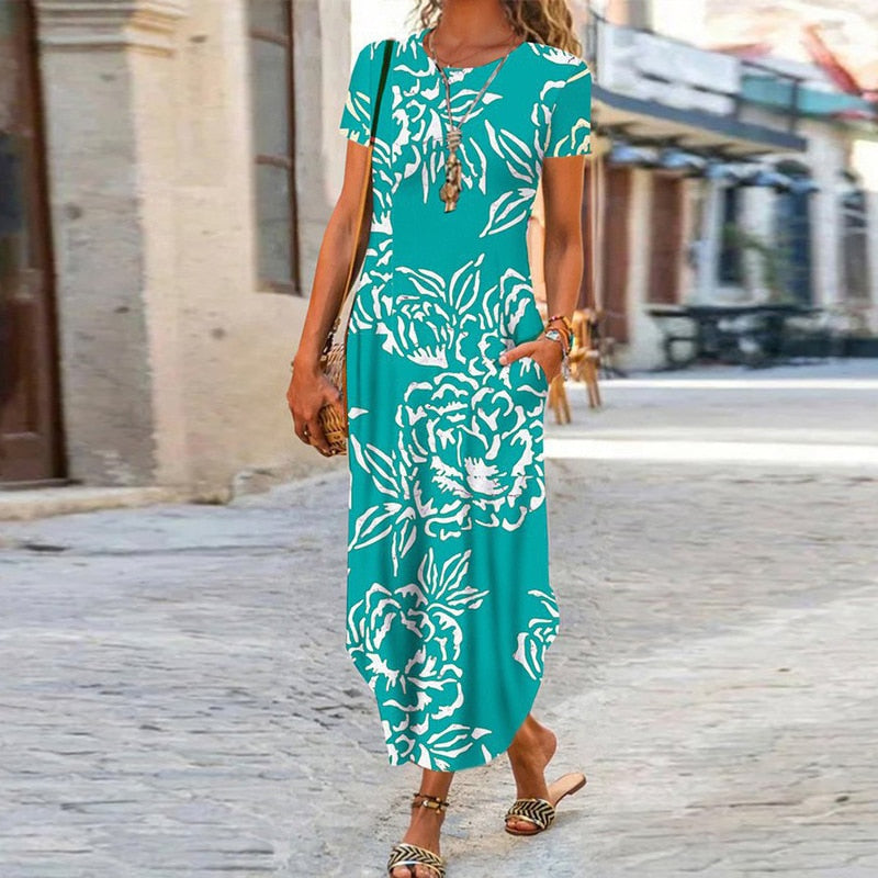 Elegant Women Maxi Dress 2023 Summer O Neck Short Sleeve Sundress Office Lady Party Dress Female Print A-Line Long Dress Vestido