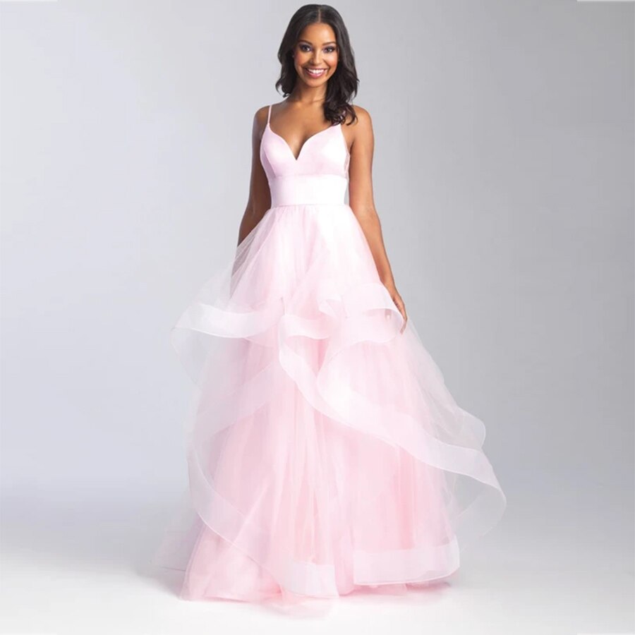 Evening Gowns for Wedding  Women Pink Deep V Neck Suspenders Party Dresses Tulle Floor Length Elegant Black Bridal Prom Dresses