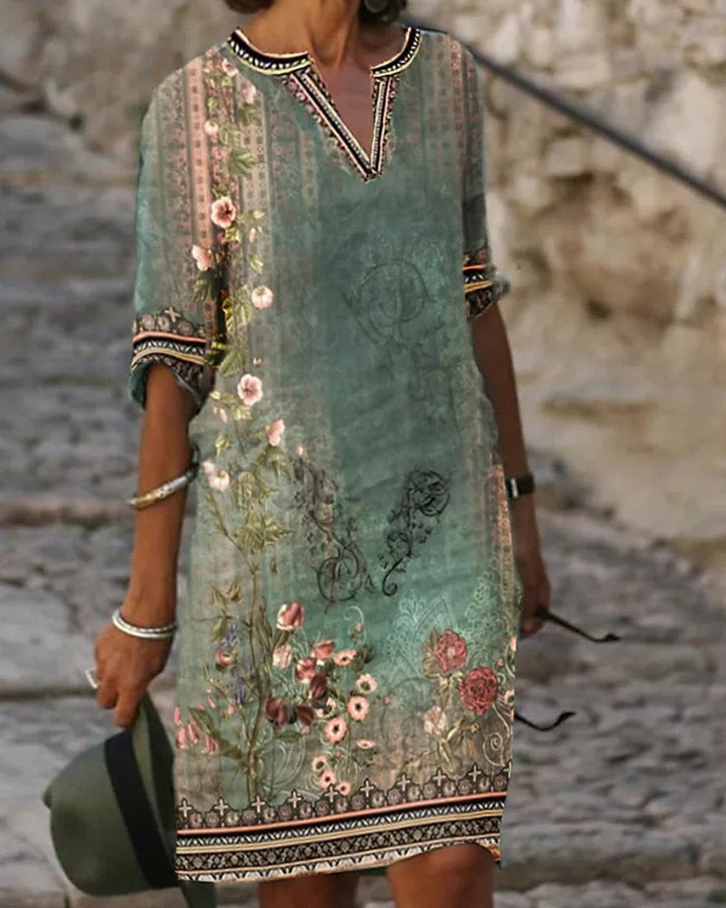 Ethnic Style Half Sleeve Loose Waist Dresses Ladies Vintage Print Daily Casual Short Dressy 2023 Summer Women's V Neck Clothing